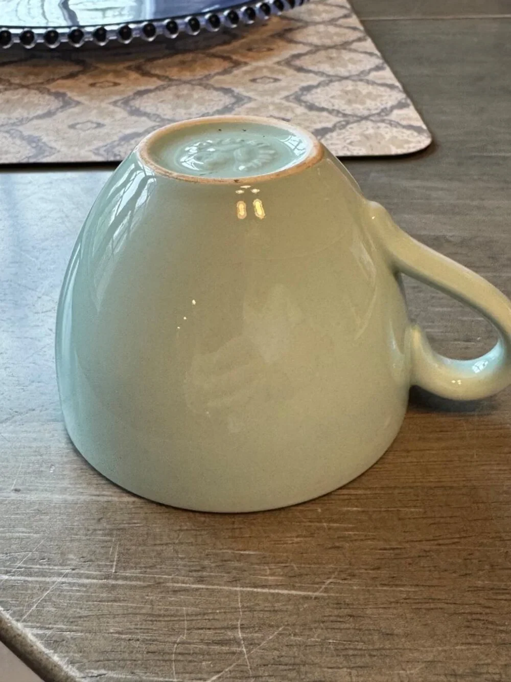 Vintage Italian Ceramic Coffee Cup With Light Blue Glaze & Brown Rim - 3